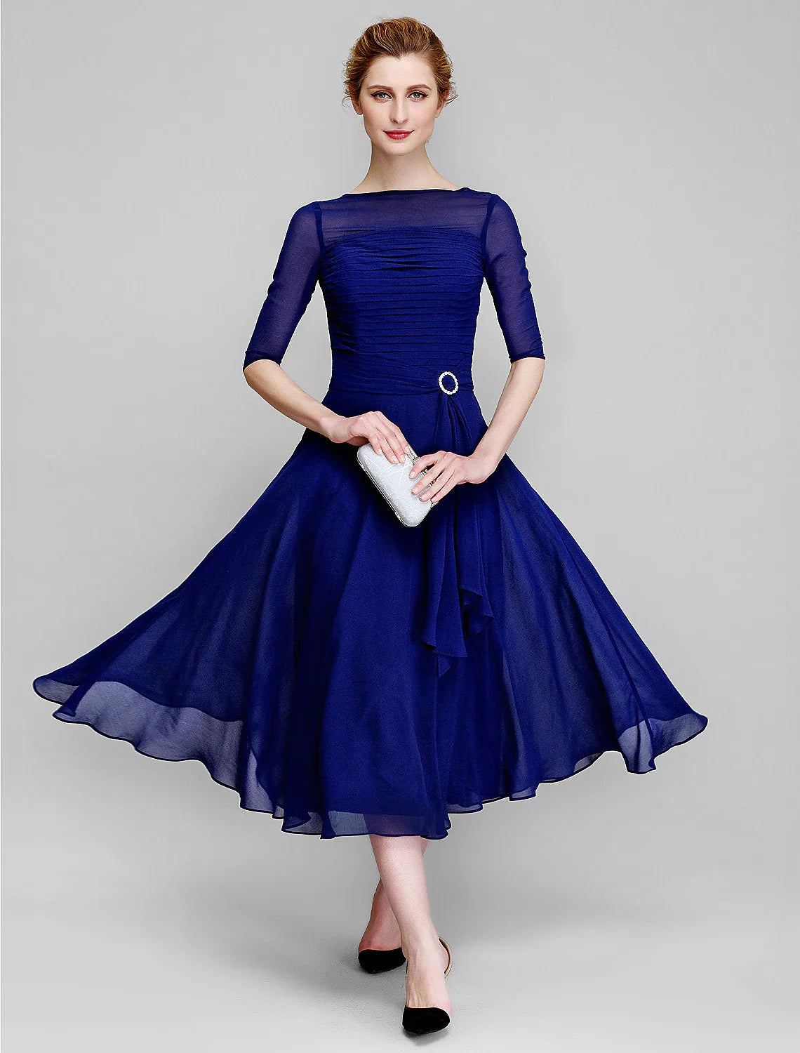 Wholesale A-Line Mother of the Bride Dress Fall Wedding Guest Dresses Plus Size Elegant Bateau Neck Tea Length Chiffon Half Sleeve with Ruched